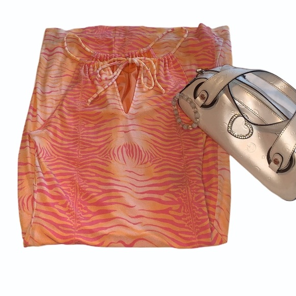 Y2K GUESS Animal Print Split Neck Mini Dress Sunset Orange Pink S Cocktail Party - Picture 11 of 16